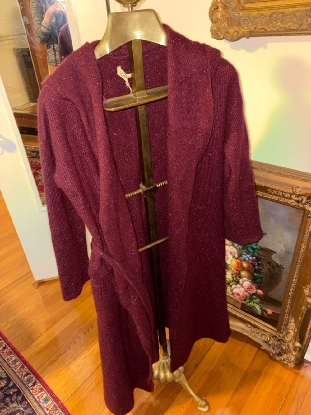 Cozy Ugg 100% Cashmere Burgundy Hooded Knit Long Cardigan with Belt